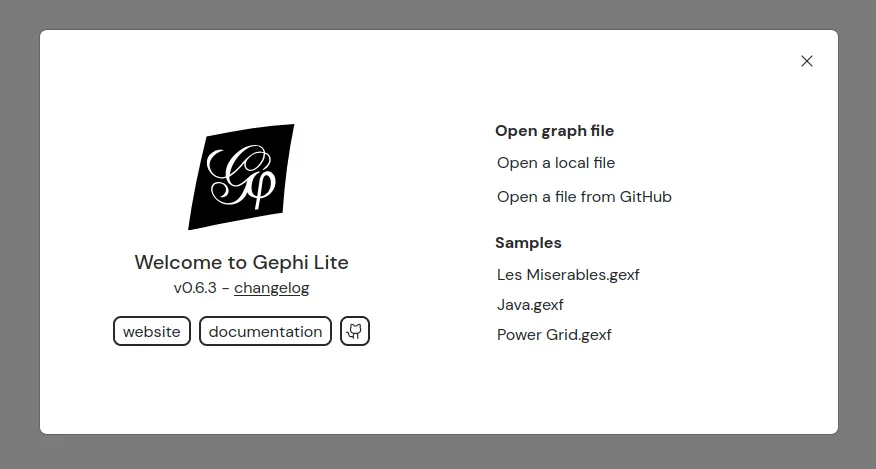 Gephi lite Welcome modal